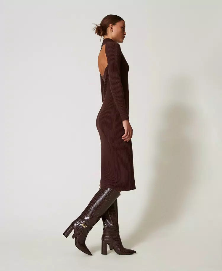 Long Ribbed Knit Dress - Coffee Chocolate by Twinset — view 3