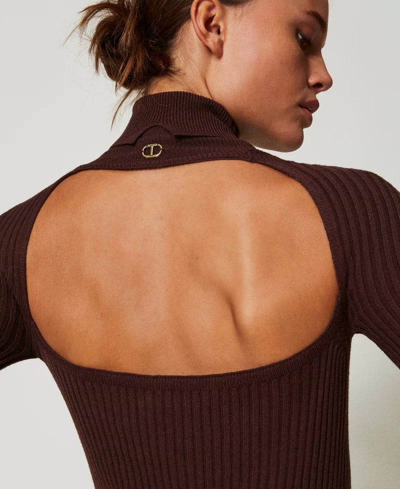 Long Ribbed Knit Dress - Coffee Chocolate by Twinset — view 4