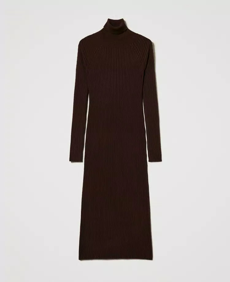 Long Ribbed Knit Dress - Coffee Chocolate by Twinset — view 5