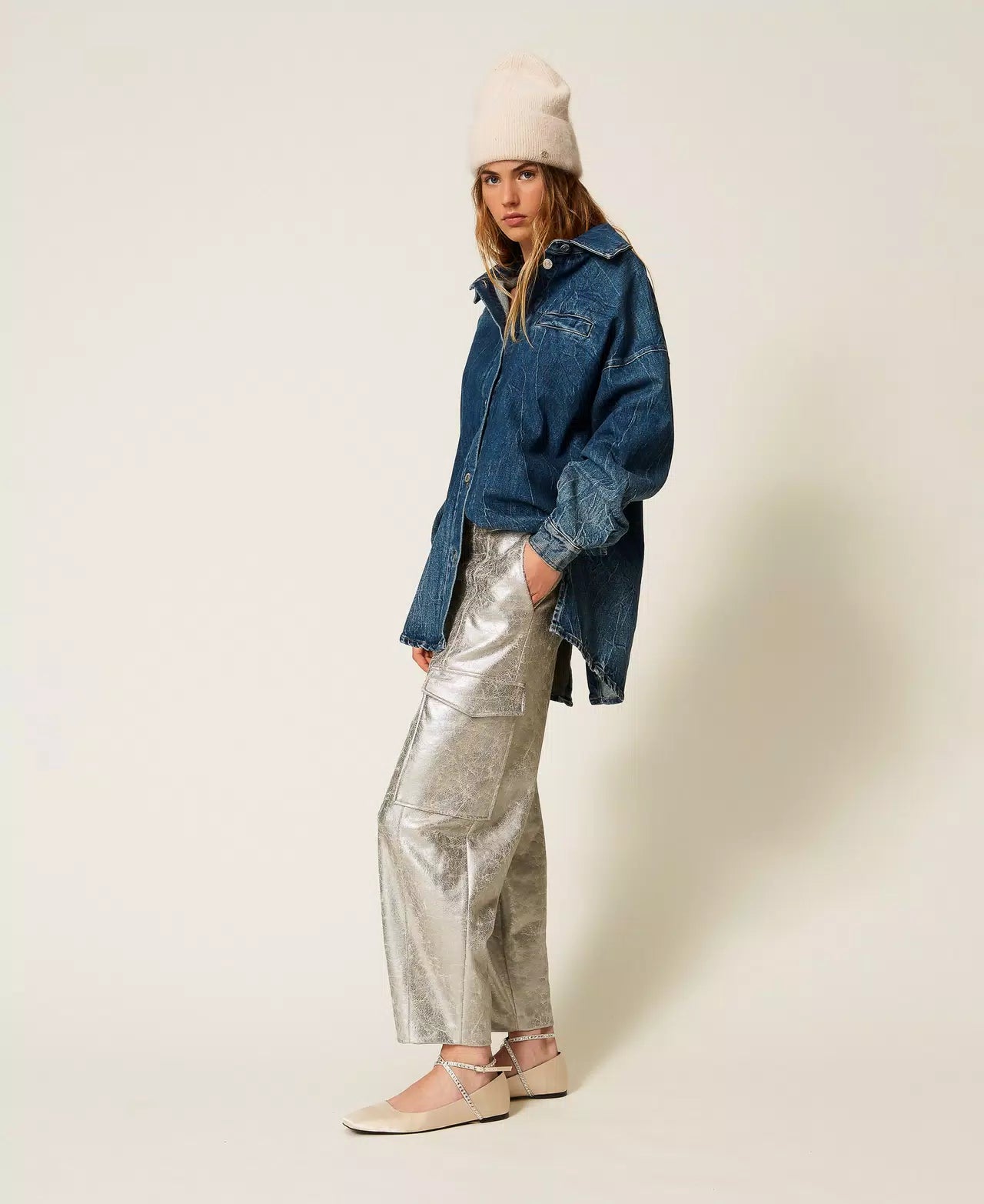 Cracked Faux Leather Trousers - Silver by Twinset — view 3
