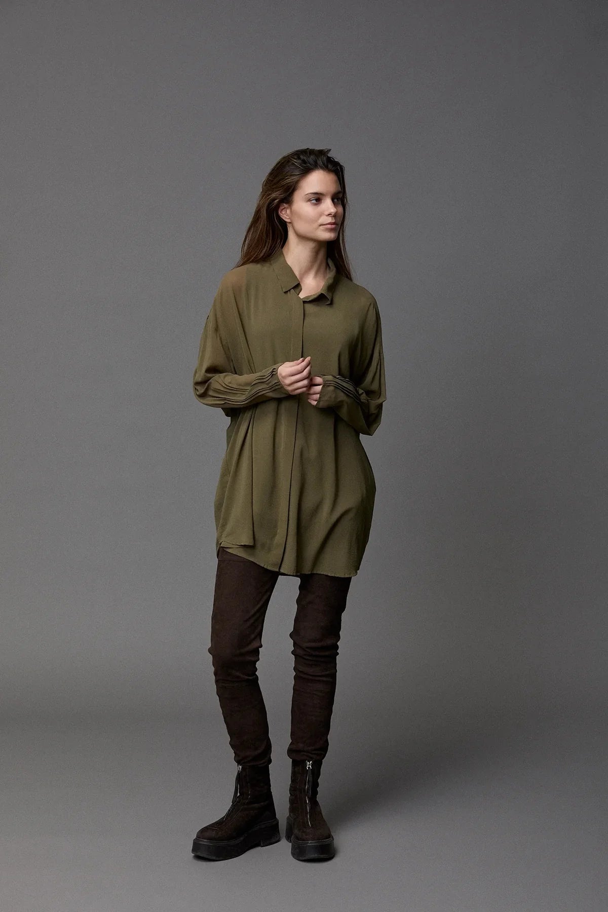 Silk Georgette PinTruck Oversize Shirt - Pine by Kristensen — view 4