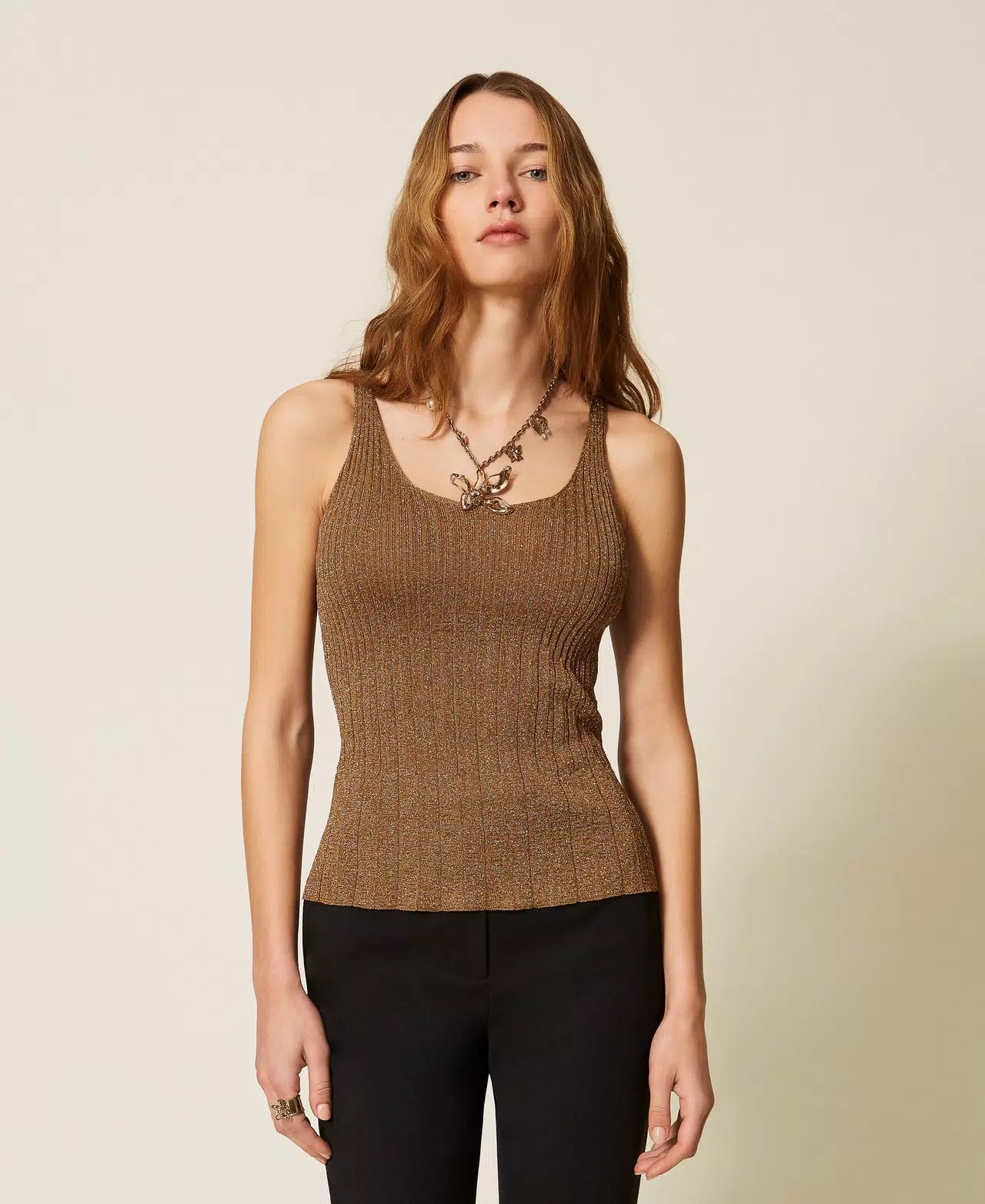 Lurex Knit Top - Bubinga Wood Brown Gold Lurex by Twinset | 25 South Boutiques