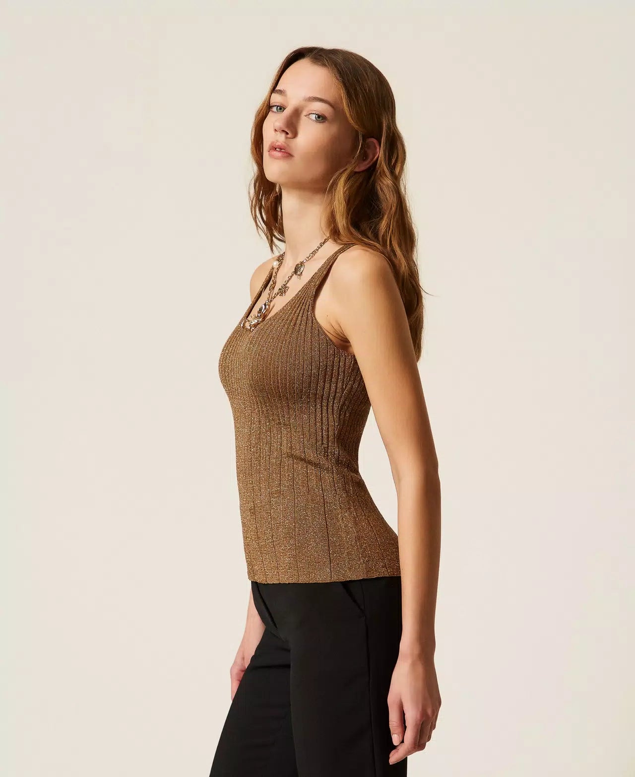 Lurex Knit Top - Bubinga Wood Brown Gold Lurex by Twinset — alternate view