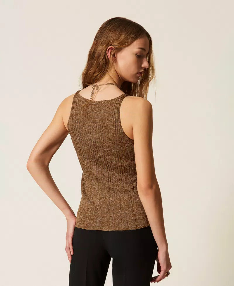 Lurex Knit Top - Bubinga Wood Brown Gold Lurex by Twinset — view 3