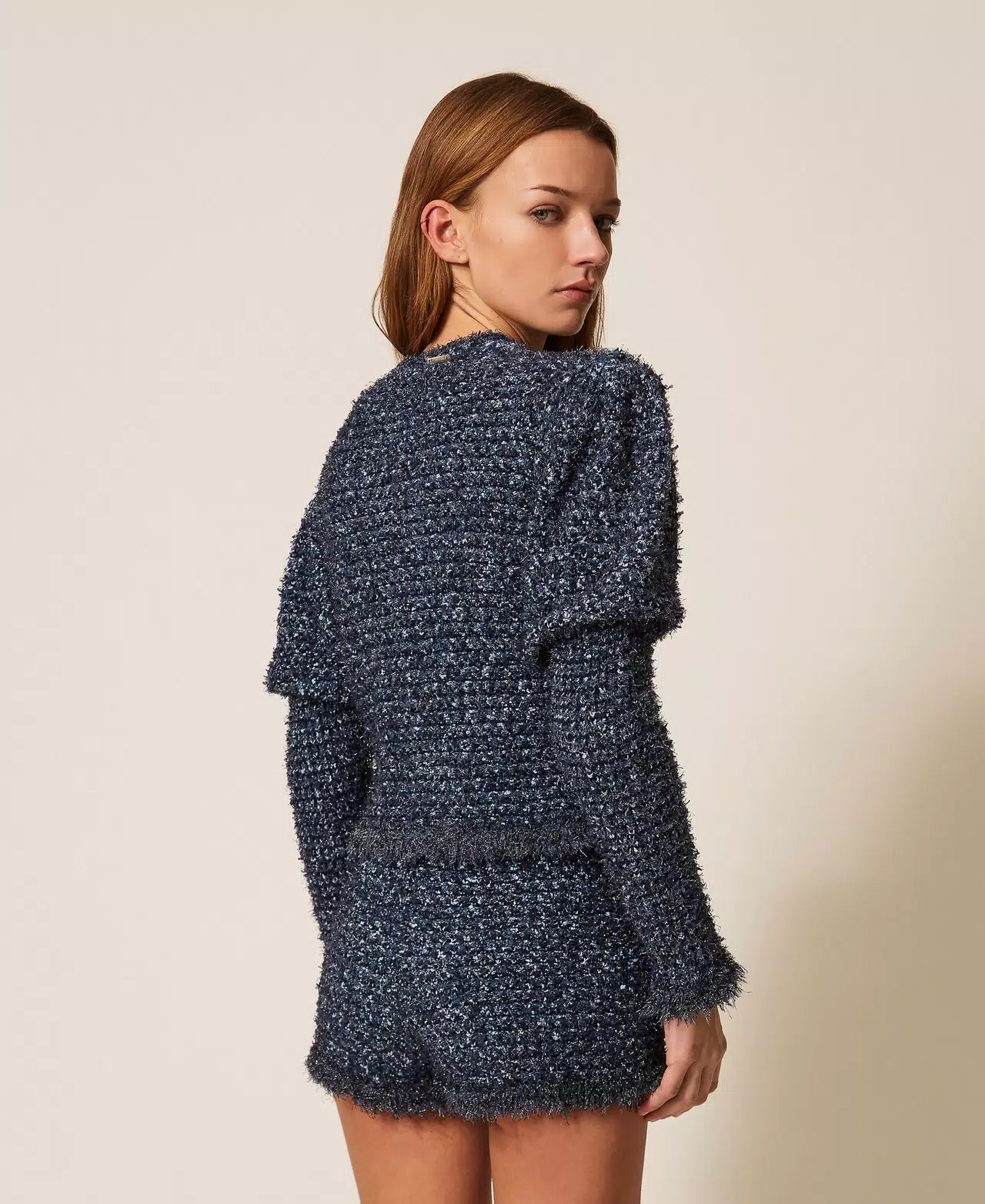 Jacquard Knit Fitted Lurex Jacket - Blue Night Jacquard by Twinset — view 3