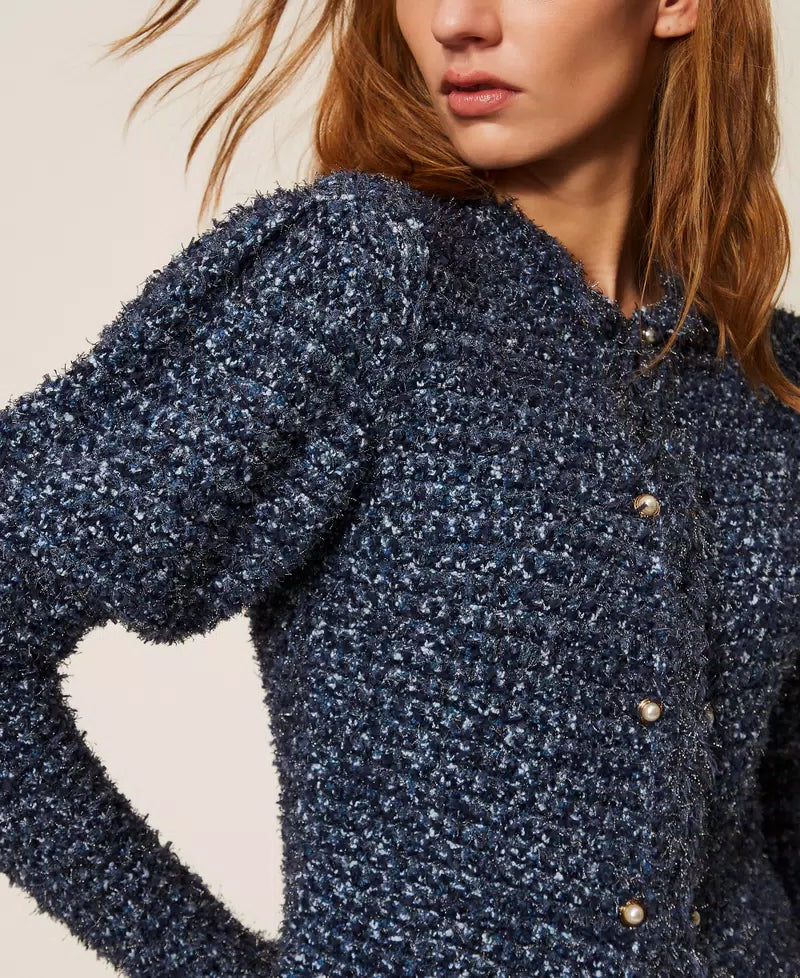 Jacquard Knit Fitted Lurex Jacket - Blue Night Jacquard by Twinset — view 4