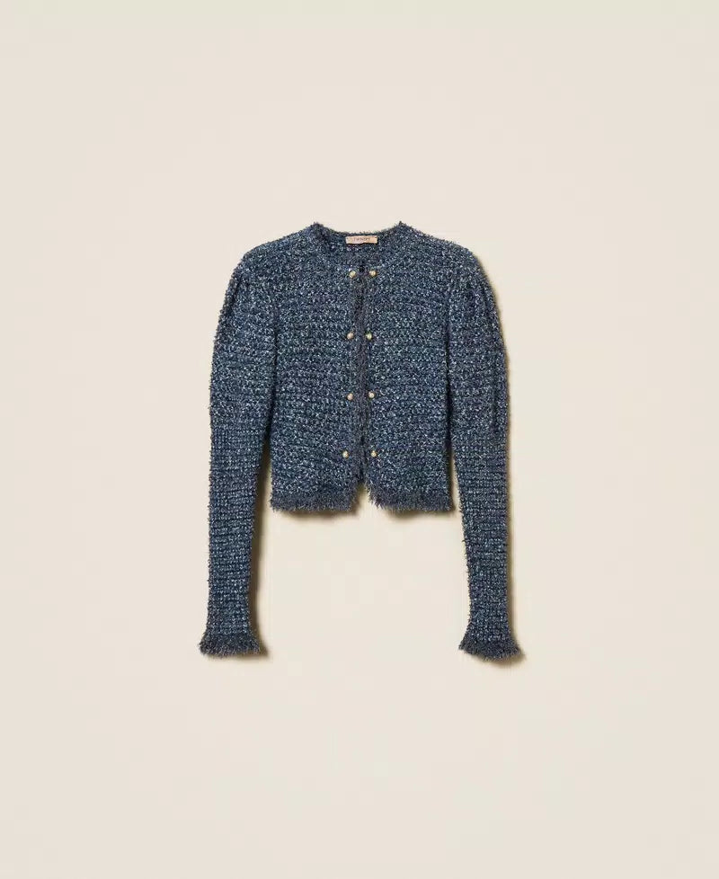 Jacquard Knit Fitted Lurex Jacket - Blue Night Jacquard by Twinset — view 5