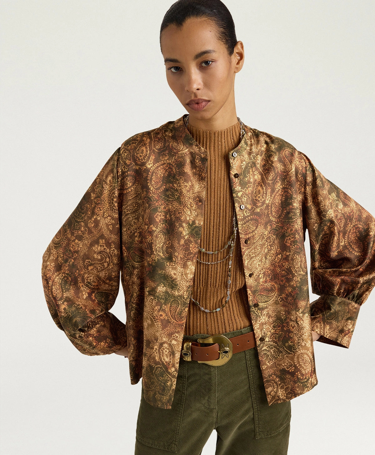 Momonì Lucy Printed Pure Silk Twill Shirt - Military Sand