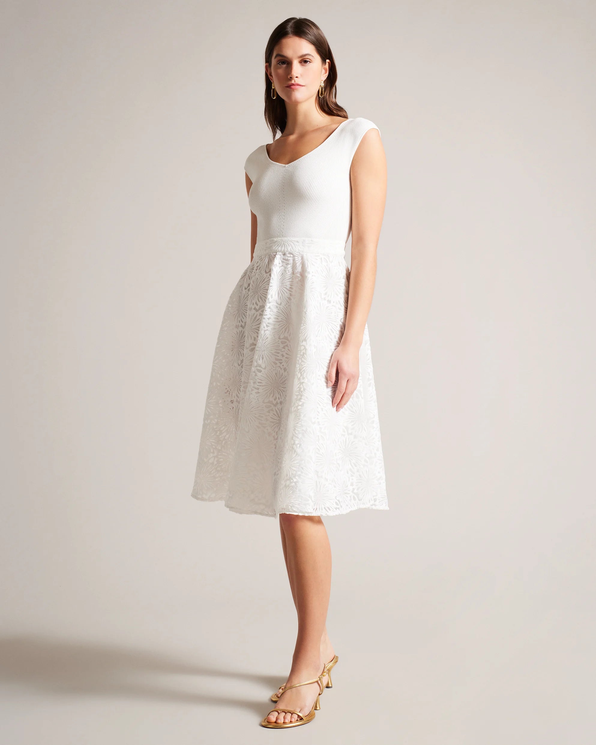 Annikaa Floral Knit Bodice Midi Dress - White by Ted Baker | 25 South Boutiques