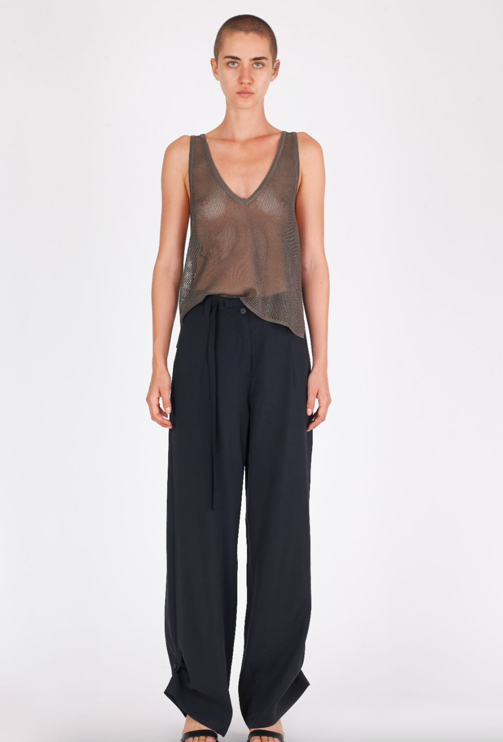 Shiny Viscose Mesh V Neck Tank - Mud by Isabel Benenato — alternate view