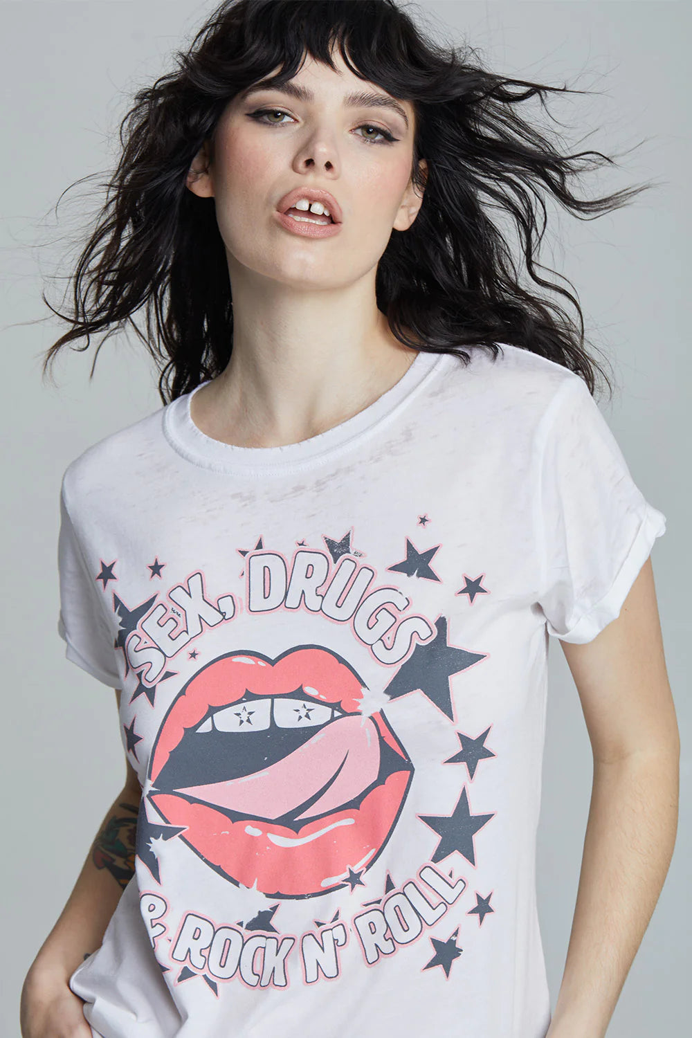 Rock 'N" Roll Lips Tee - White by Recycled Karma — alternate view