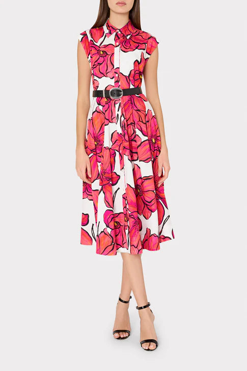 Jules Windflower Pastel Poplin Midi Dress - Coral Multi by Milly — view 3