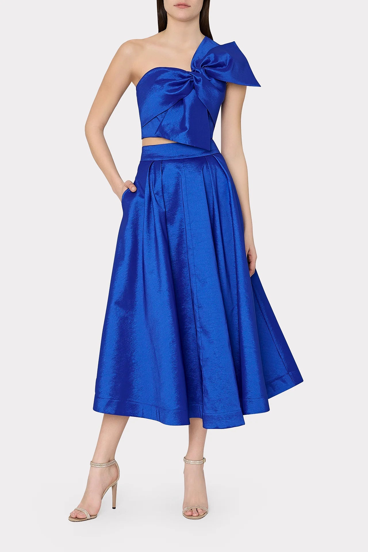 Laney Bow Taffeta Crop Top - Blue by Milly — view 3