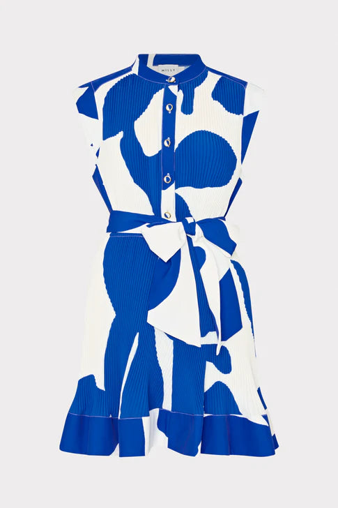 Joan Grand Foliage Pleated Dress - Blue White by Milly — view 3