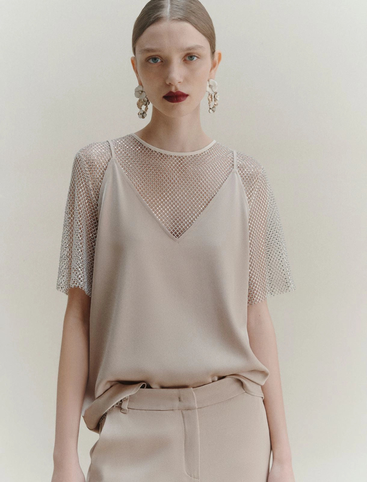 Lodola Rhinestone Mesh Shirt - Wool White by Marella — view 4