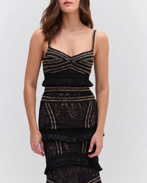 Lace & Fringe Maxi Dress - Black by PatBo — alternate view
