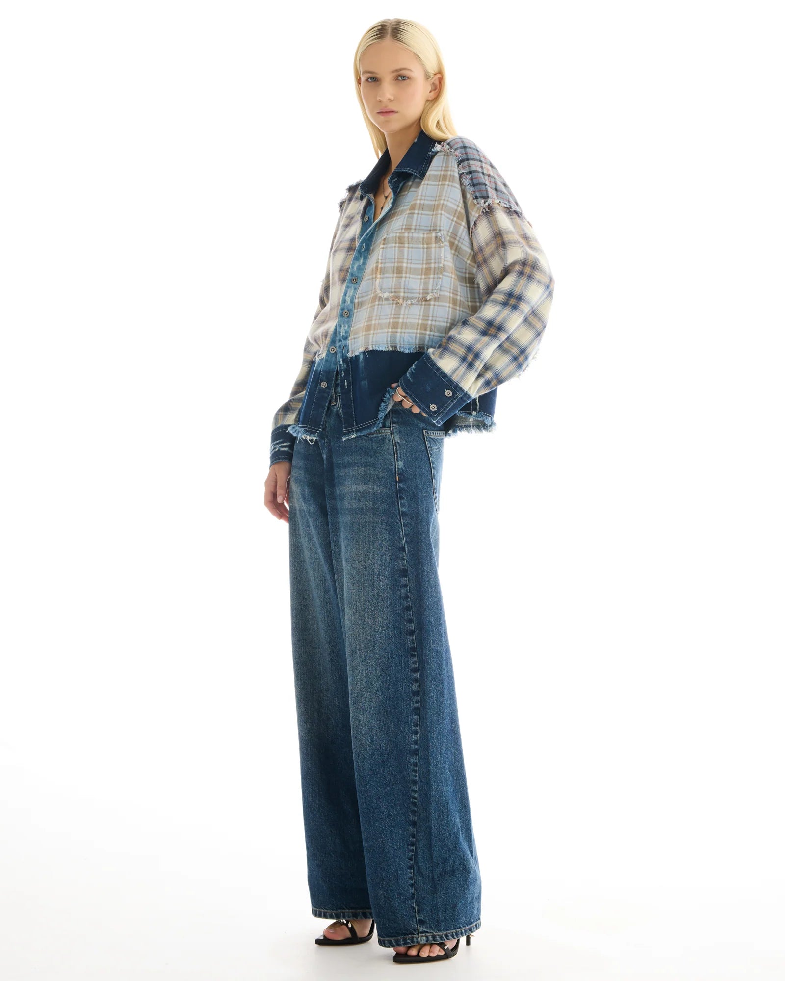 Mixed Flannel And Denim Shirt - Blue by The Tales — view 3