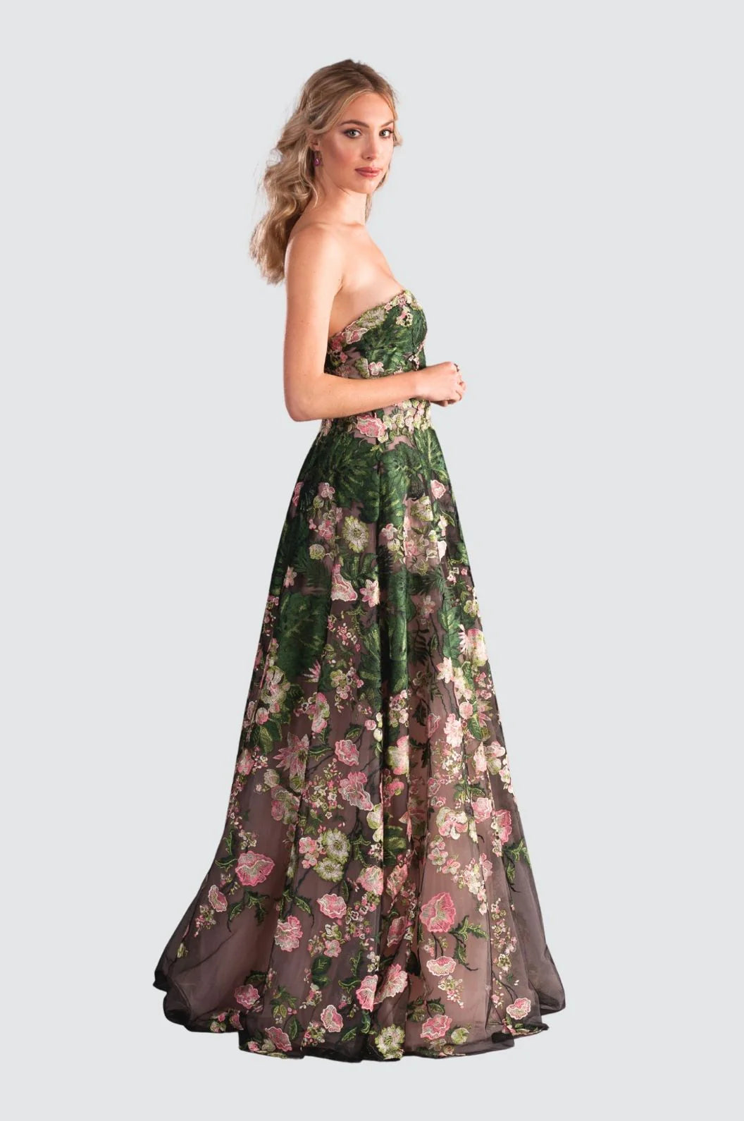 Elegant Strapless Floral Embroidered Gown - Wildflower by Olvi's — view 3