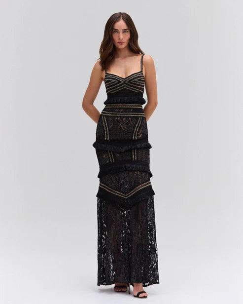 Lace & Fringe Maxi Dress - Black by PatBo | 25 South Boutiques