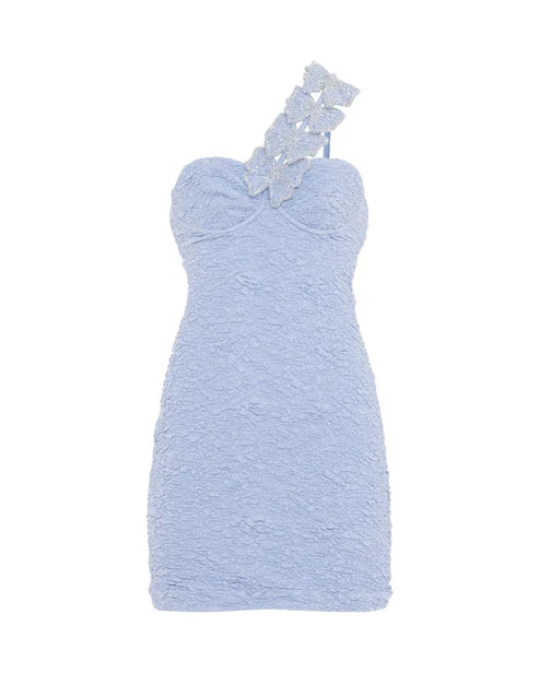 Papillon Jacquard One Shoulder Mini Dress - Blue by PatBo — view 4