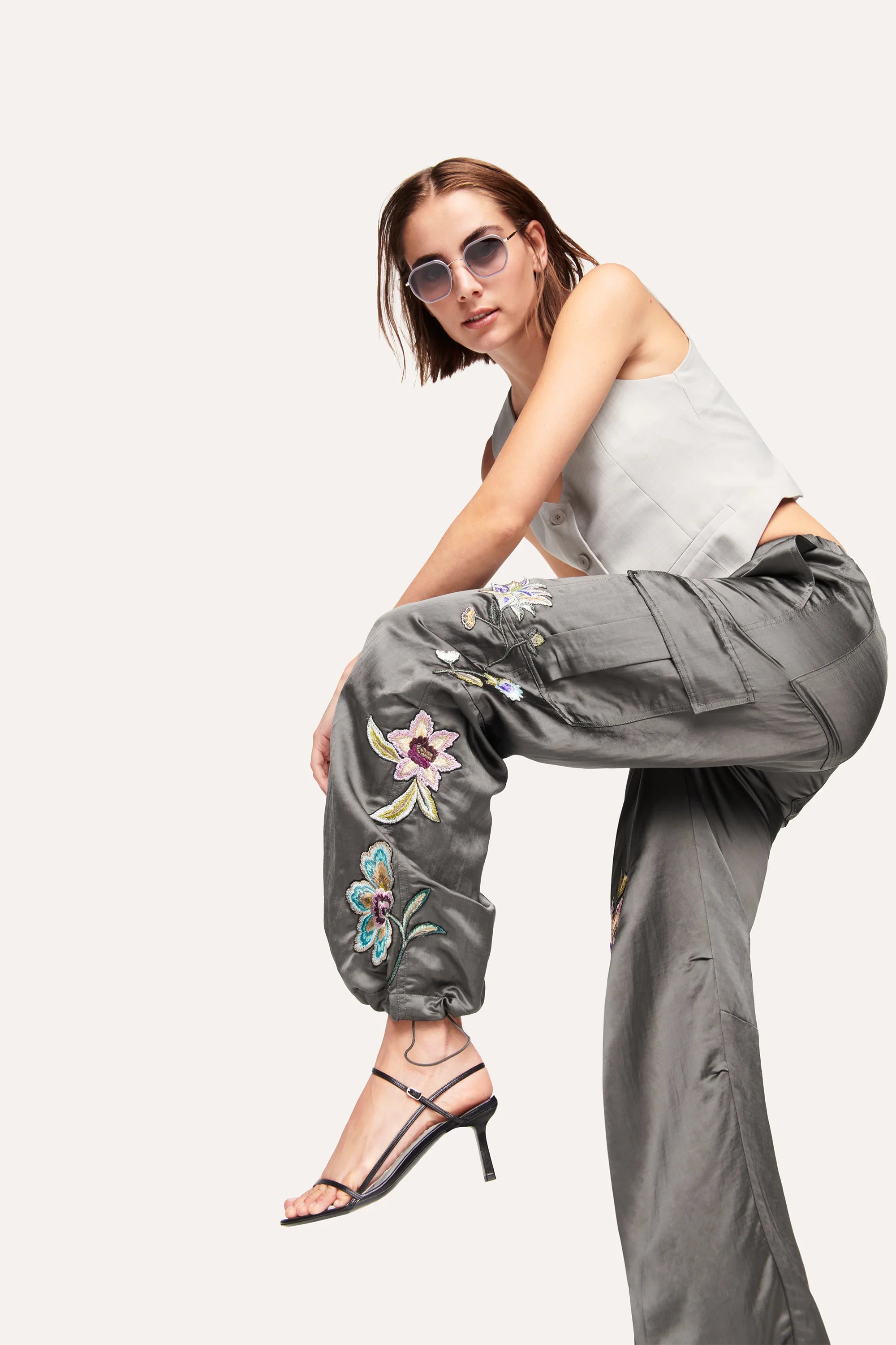Morgan Satin Trousers Wide Fit Cargo - Volcanic by Cambio — view 5