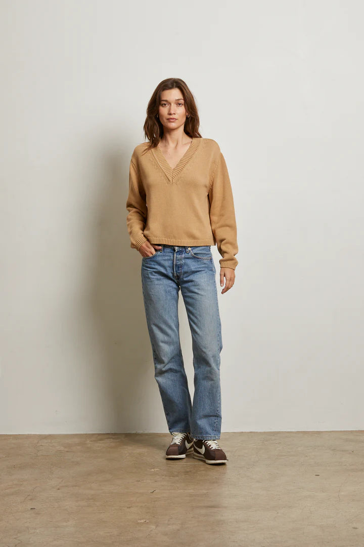 Addie Cotton Oversized V Neck Sweater - Suede by perfectwhitetee — view 3