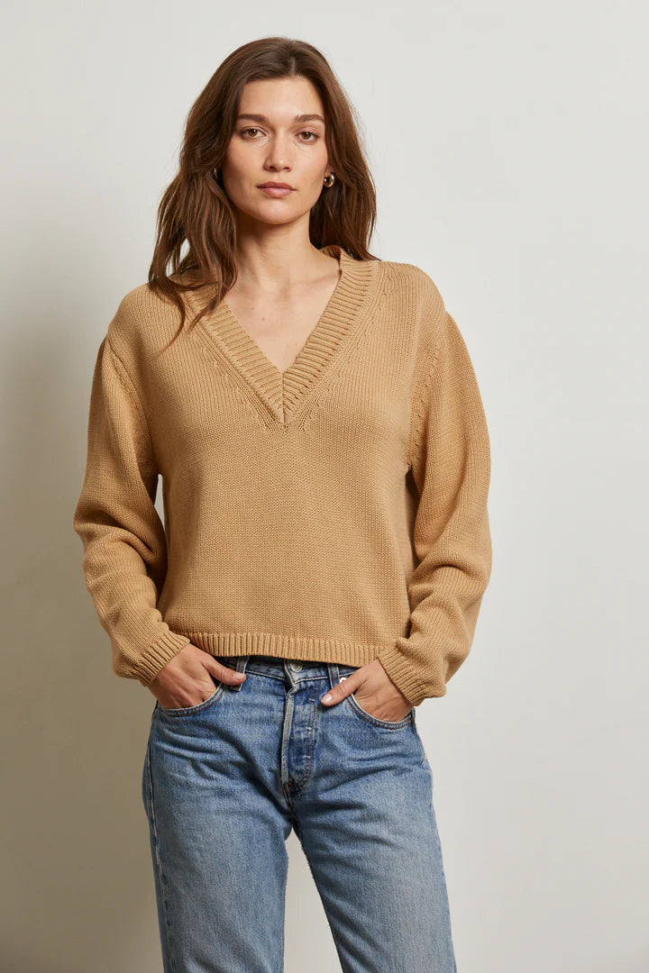 Addie Cotton Oversized V Neck Sweater - Suede by perfectwhitetee | 25 South Boutiques