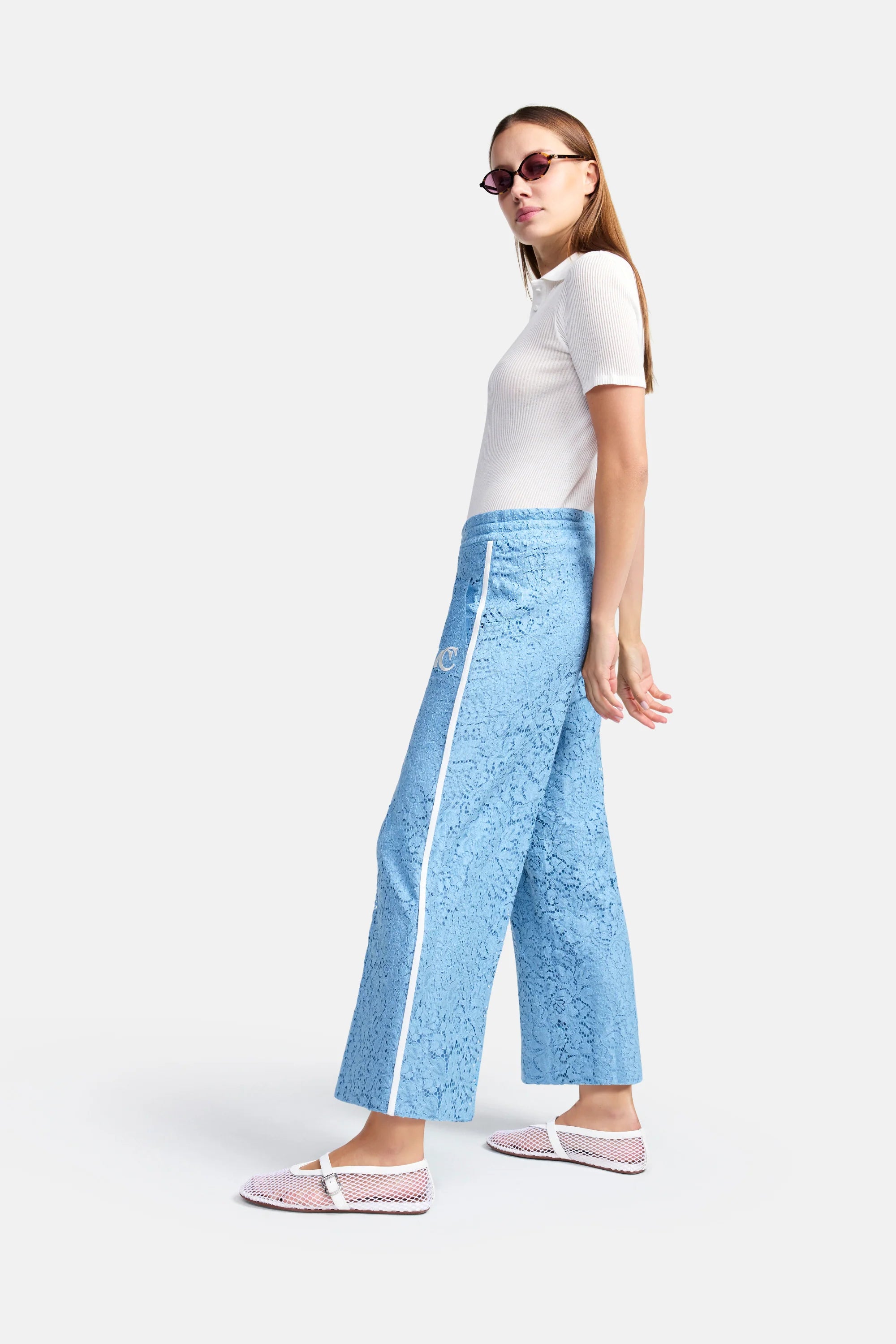 Clara Wide Leg Cropped Lace Pant - Sky Blue by Cambio — view 3
