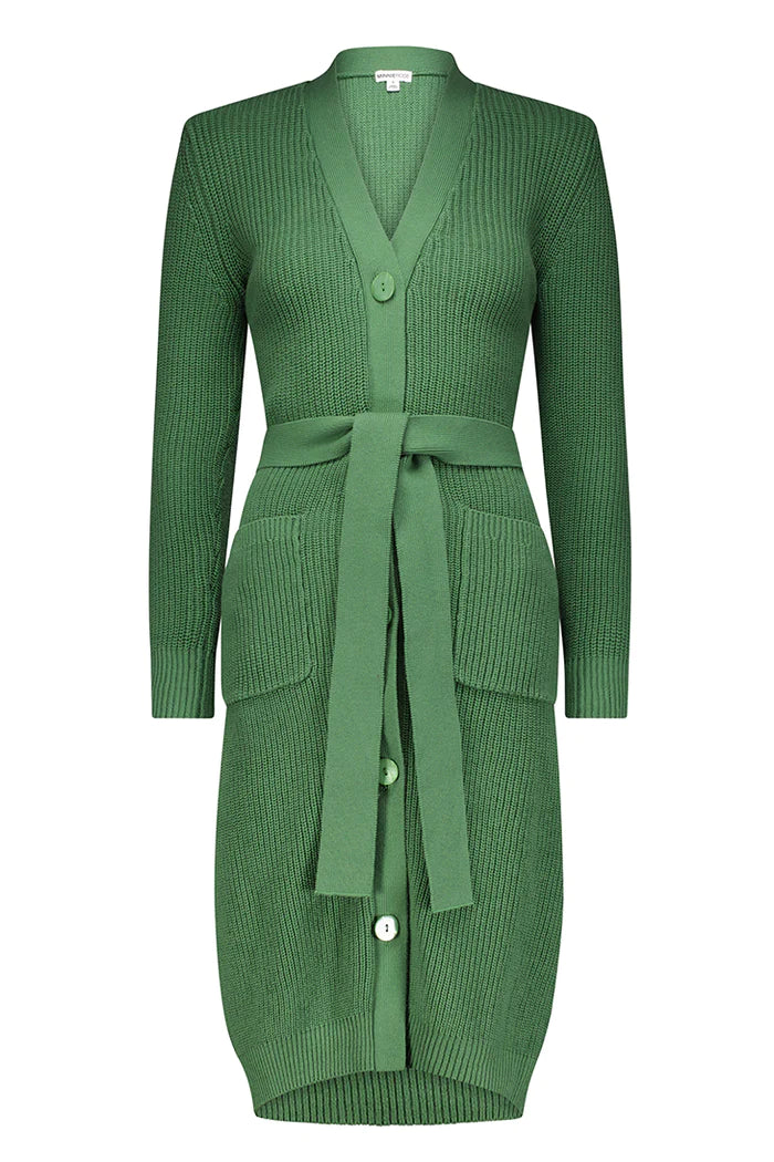 Cotton Cashmere Belted Ribbed Cardigan - Golf Green by Minnie Rose — view 4
