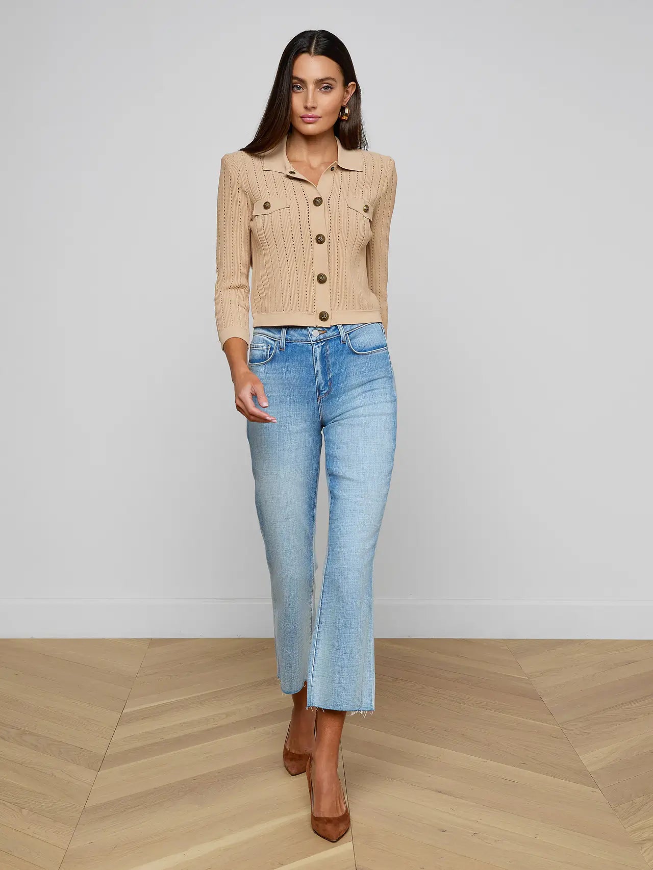 Risa Collared Cardigan - Light Almond Gold by L'agence — view 3
