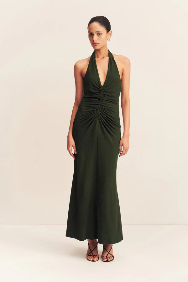 Beau Halter Ruched Midi Dress - Army Green by Shona Joy | 25 South Boutiques