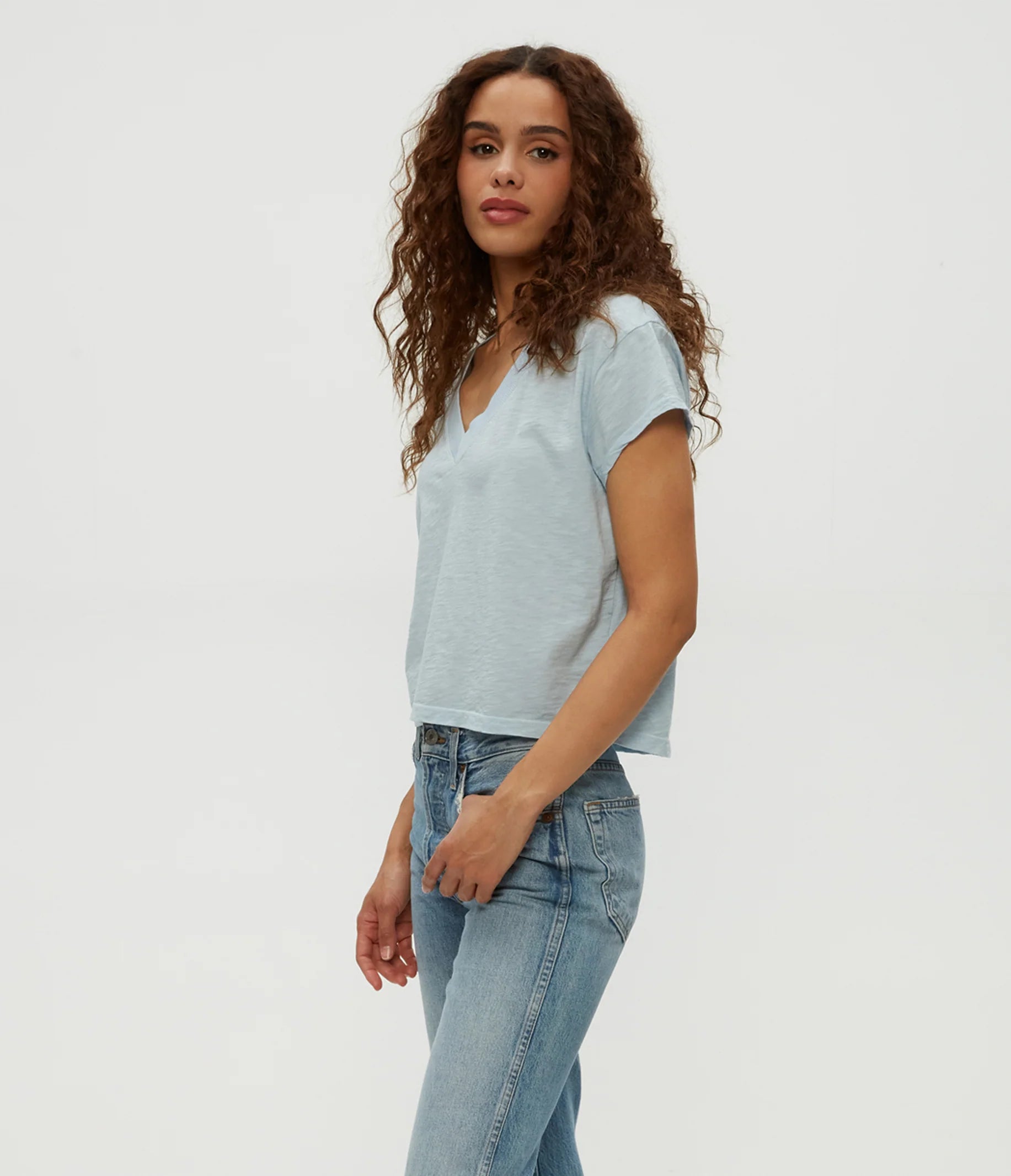 Harlan Cropped V Neck Tee - Fountain by Michael Stars — view 3