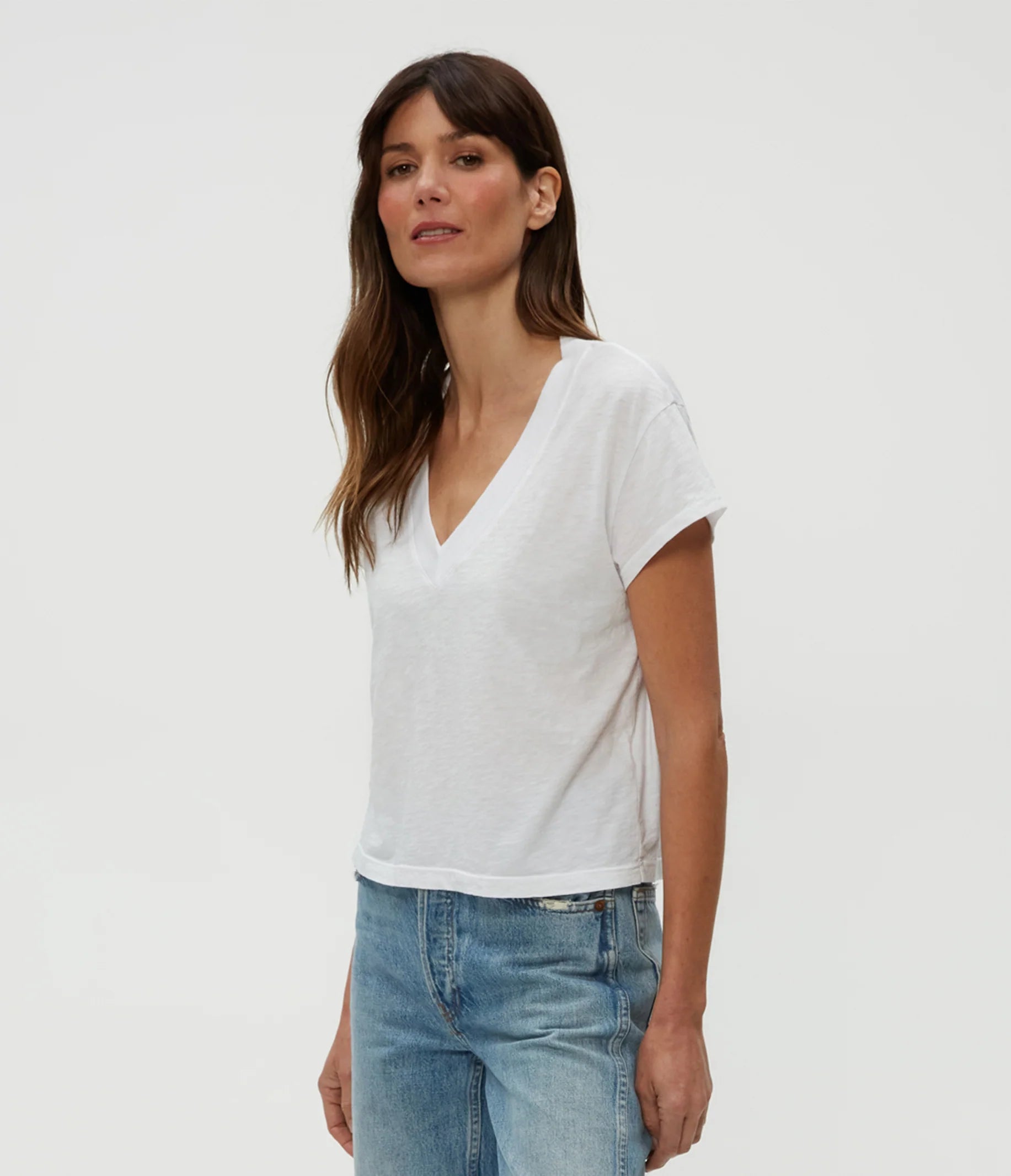 Harlan Cropped V Neck Tee - White by Michael Stars — view 3
