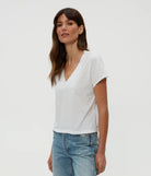Harlan Cropped V Neck Tee - White by Michael Stars — view 3