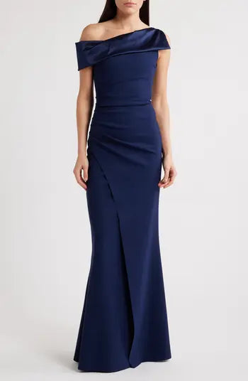 Koppany Ruched One-Shoulder Jersey Trumpet Gown - Navy by Chiara Boni | 25 South Boutiques