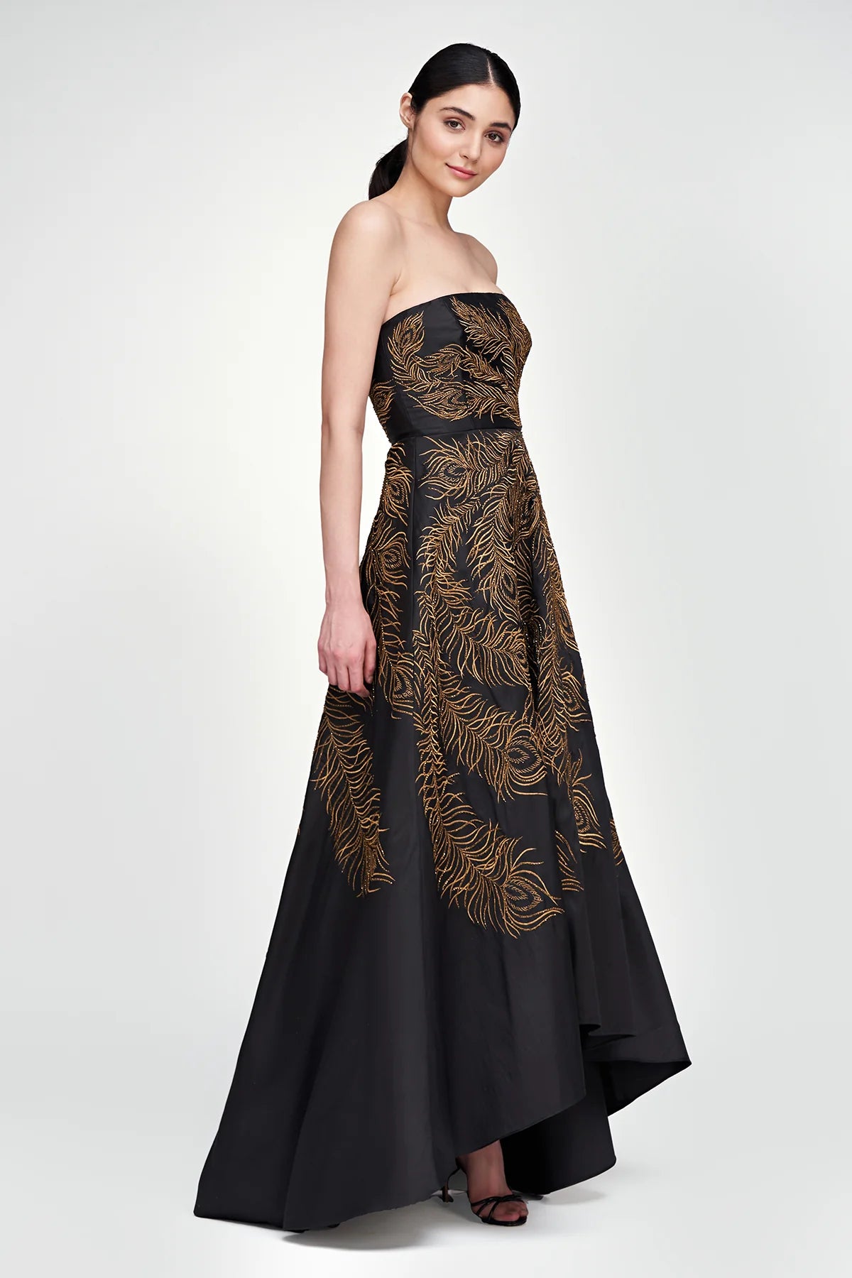 Erica Feather Embroidered Gown - Black / Gold by Theia — view 3