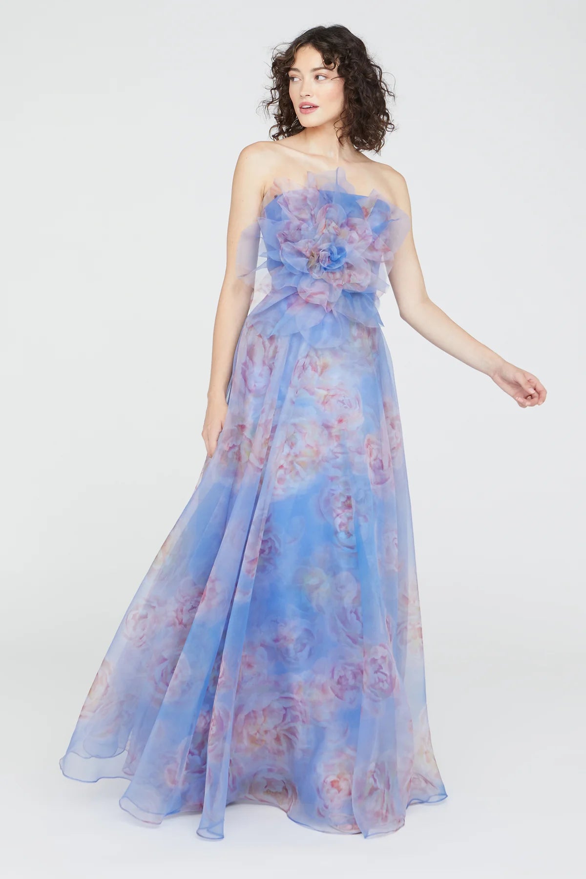 Kimberly Strapless Organza Gown - Pearl Roses by Theia — view 3