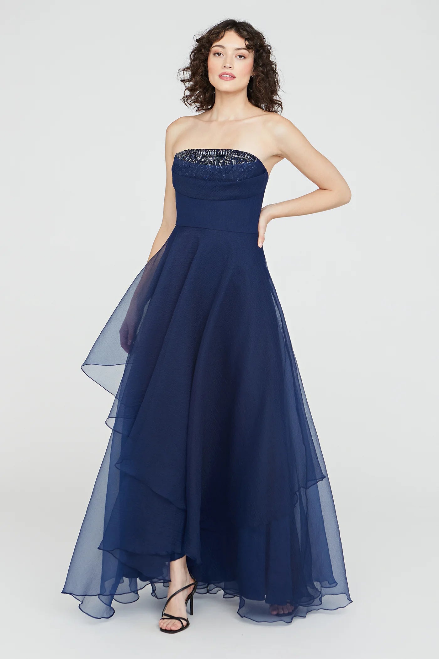 Aubrey Asymmetric Organza Gown - Navy by Theia | 25 South Boutiques