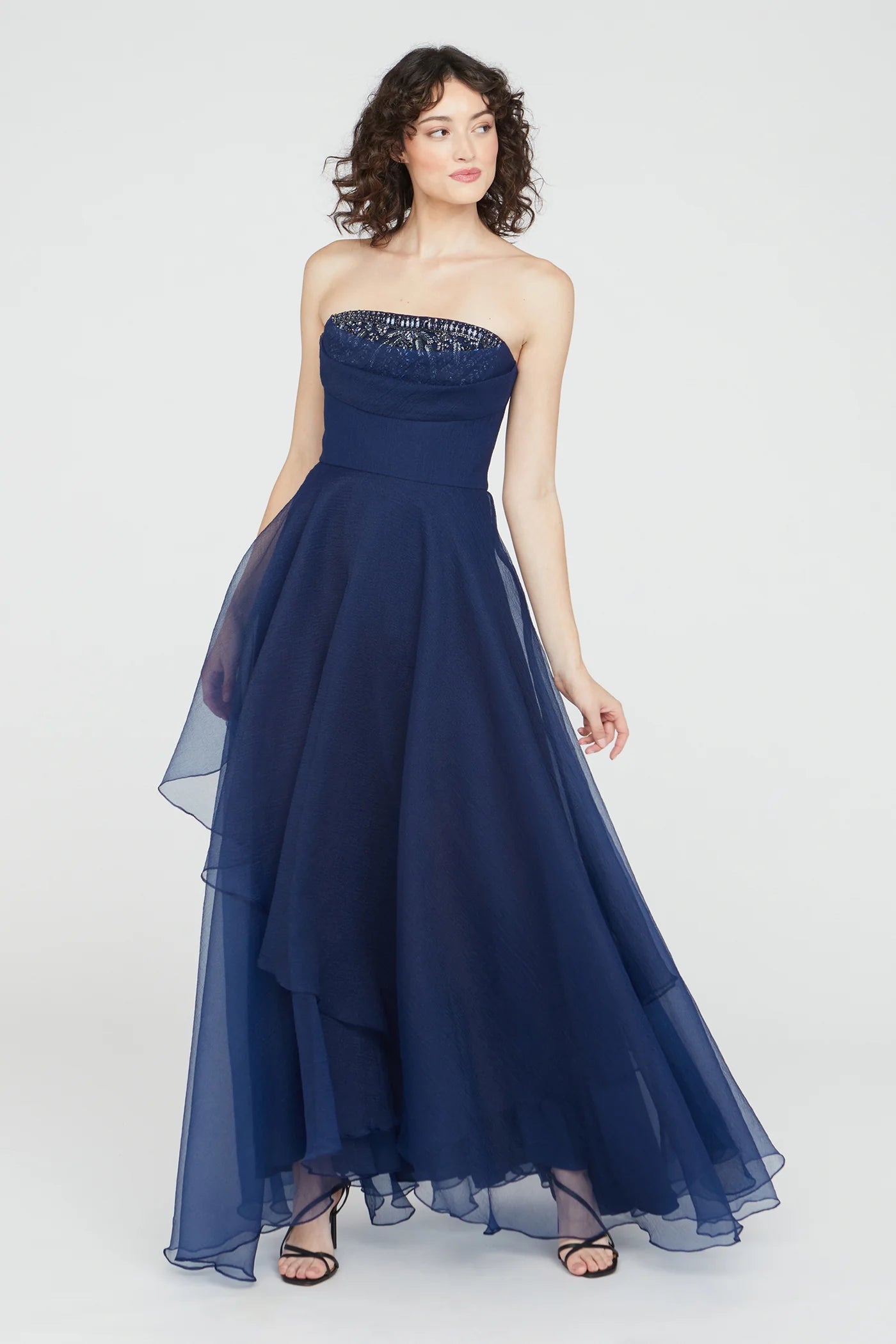 Aubrey Asymmetric Organza Gown - Navy by Theia — view 3