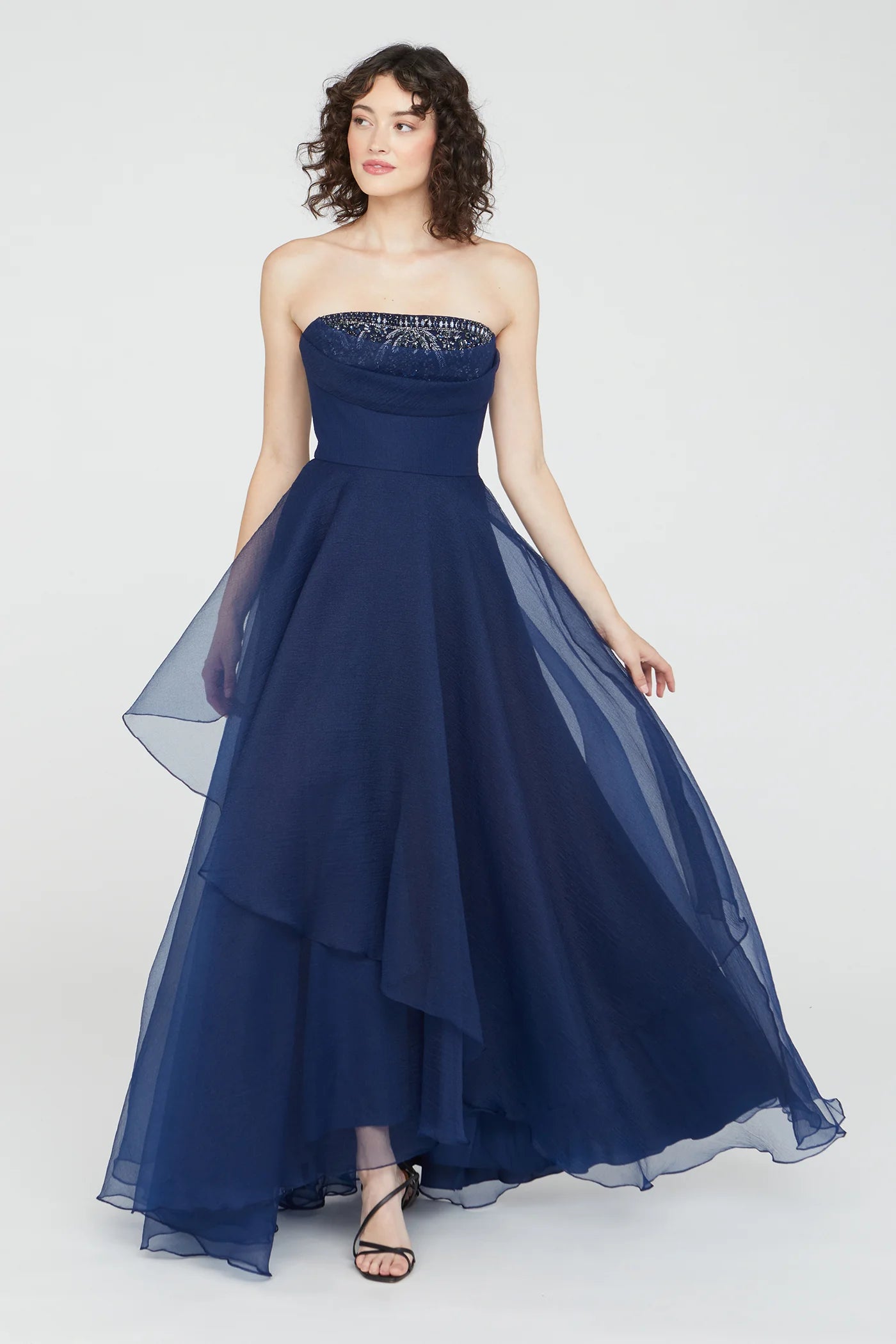 Aubrey Asymmetric Organza Gown - Navy by Theia — view 5