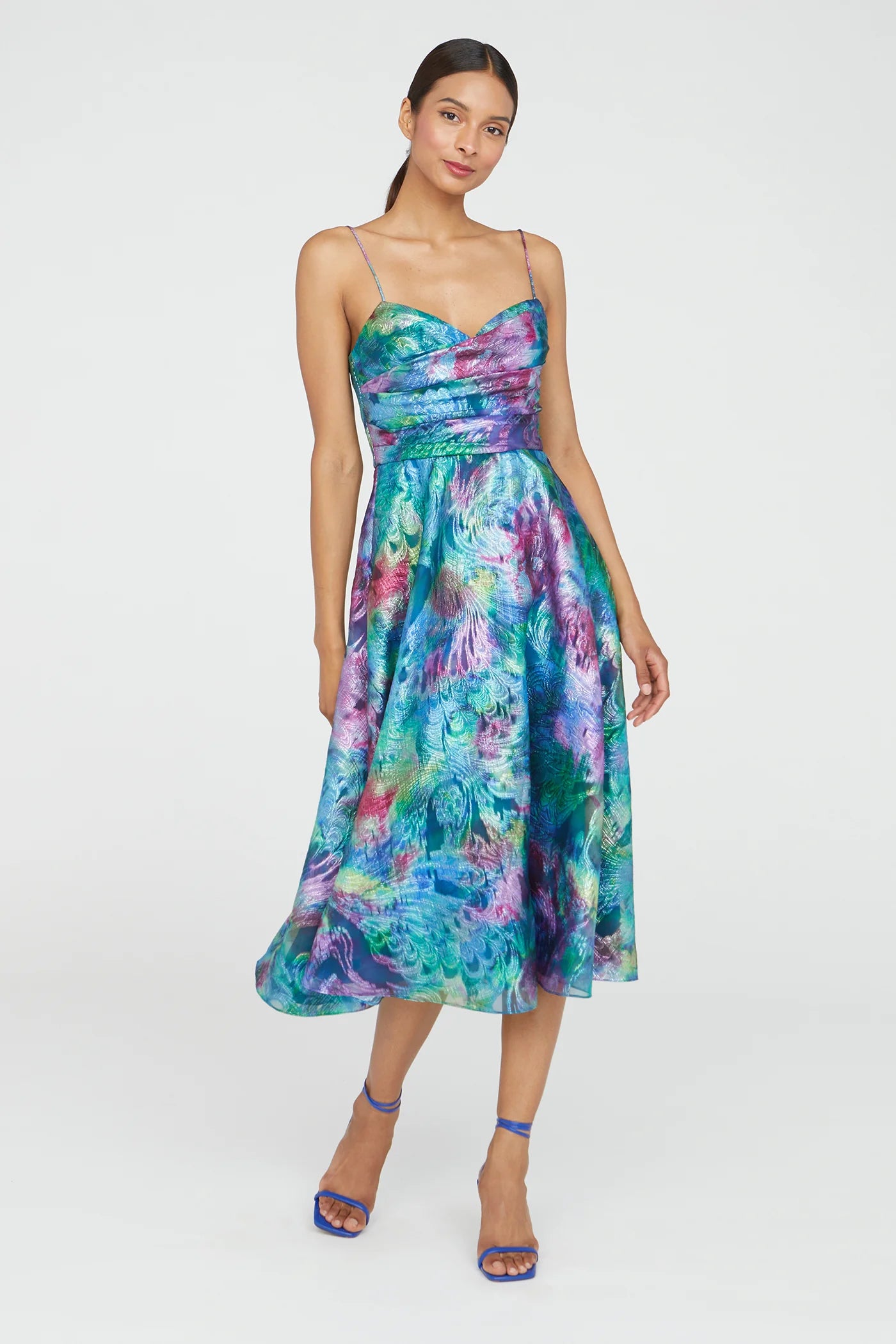 Allegra Draped Cocktail Dress - Aquatic Bloom by Theia — view 3