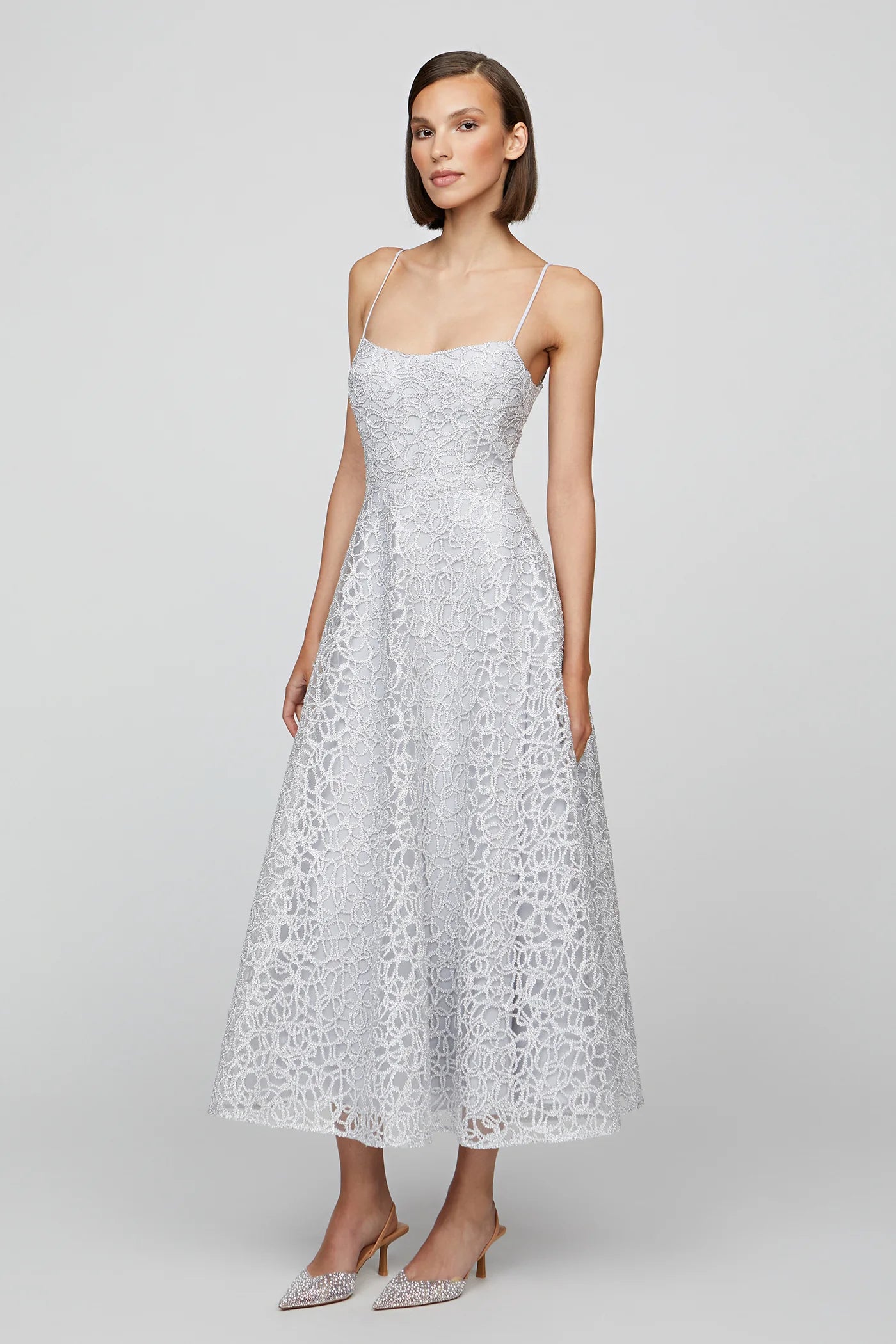 Sleeveless Tulle Midi Dress - French Silver by Theia — view 4