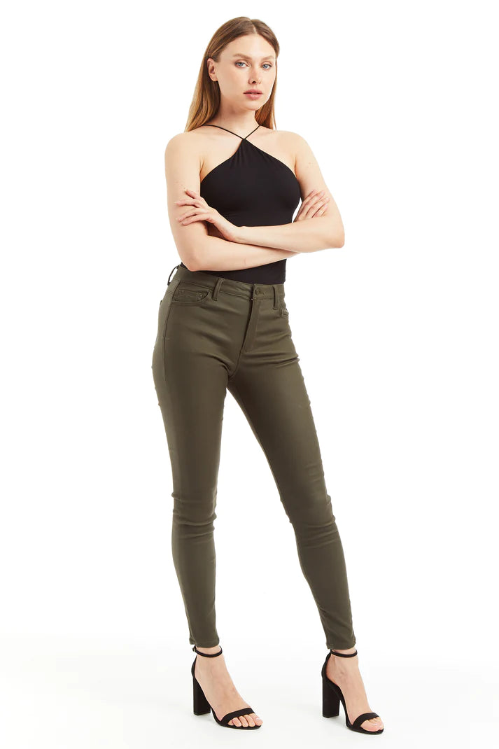 Nina High Rise Coated Skinny - Olive by Tractr | 25 South Boutiques