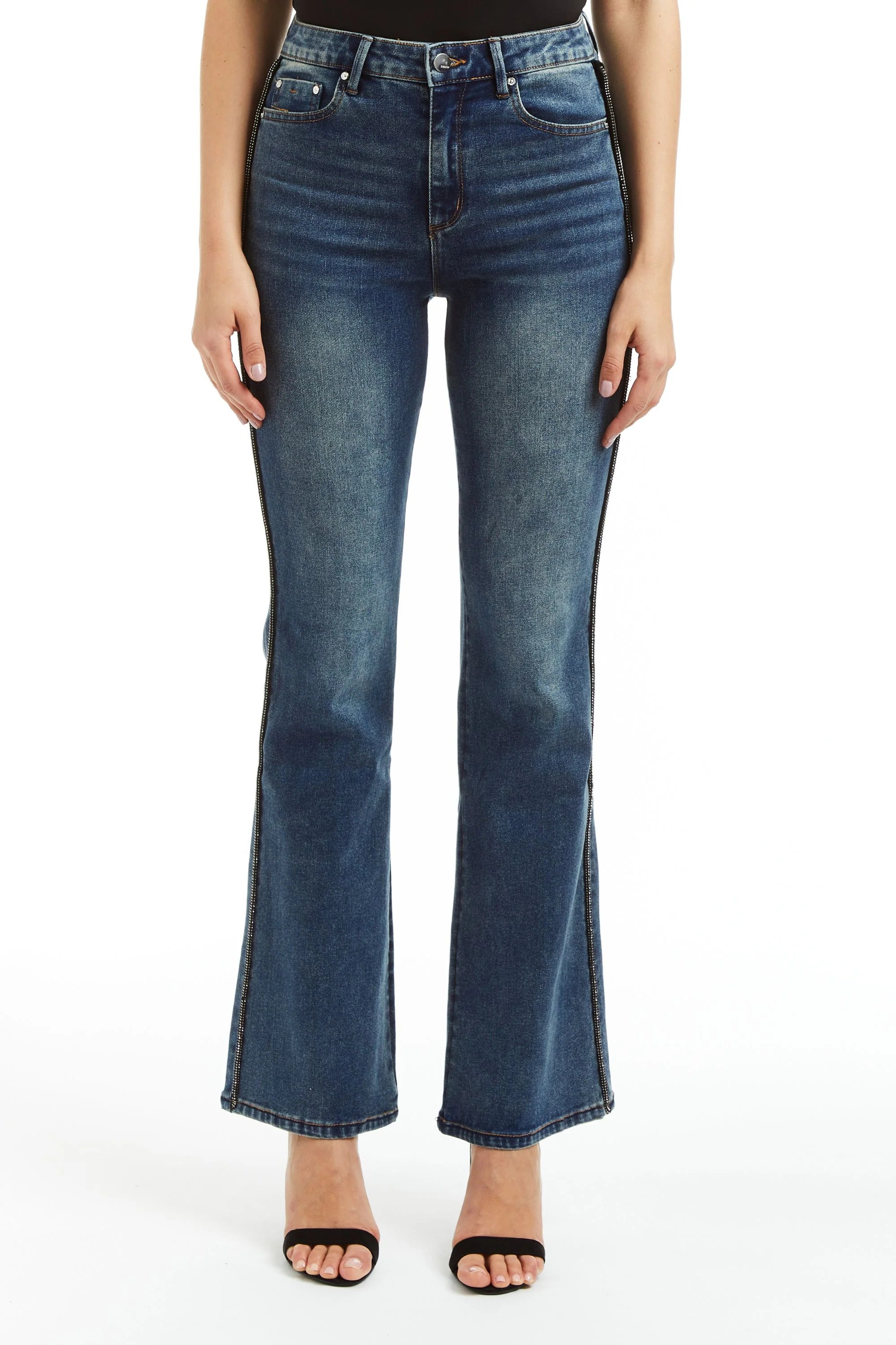 Mid Rise Bling Side Seam Piping Bootcut - Medium Indigo by Tractr — view 3
