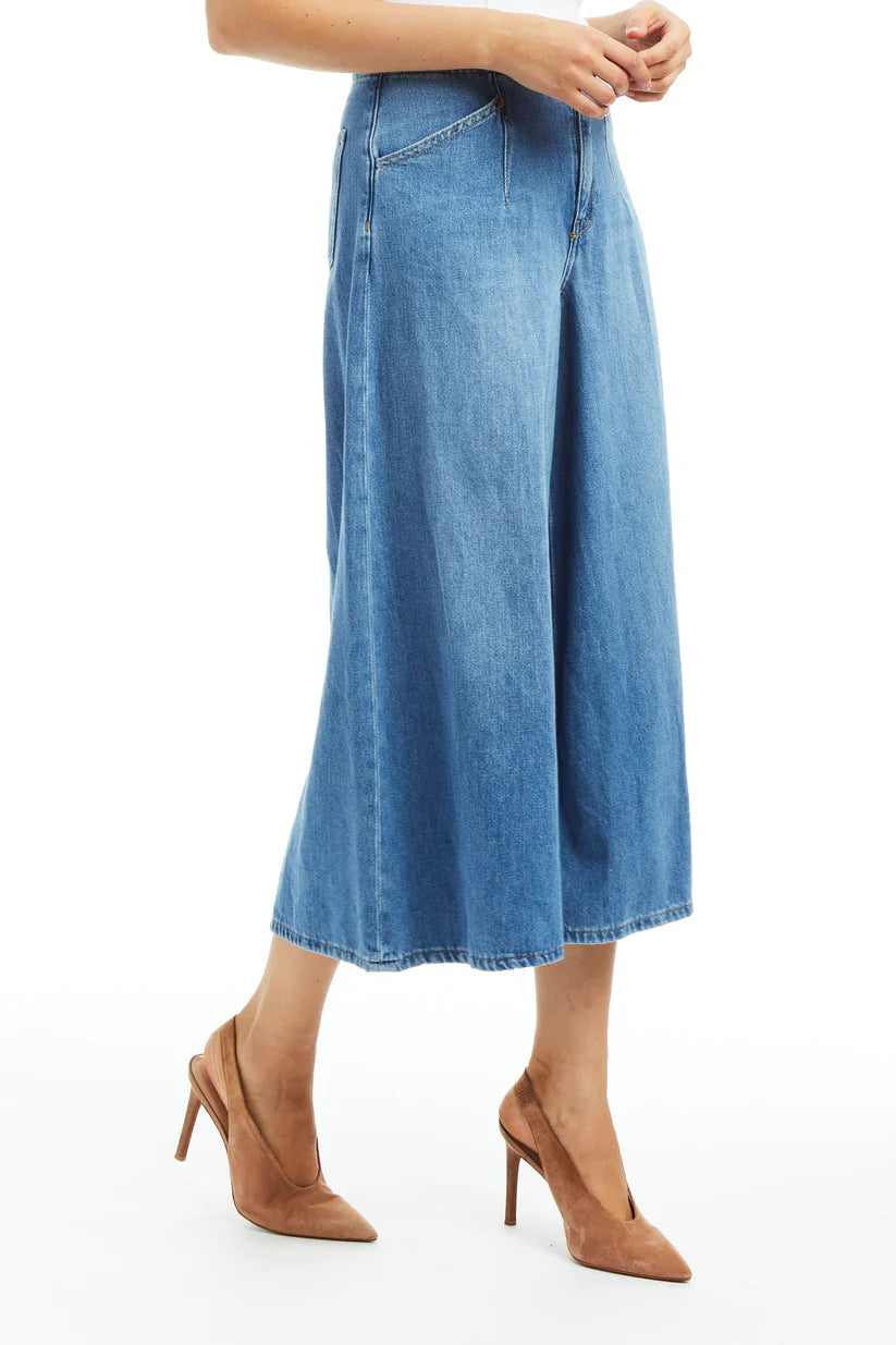 Denim Culotte with Back Buckle - Medium Wash by Tractr — alternate view