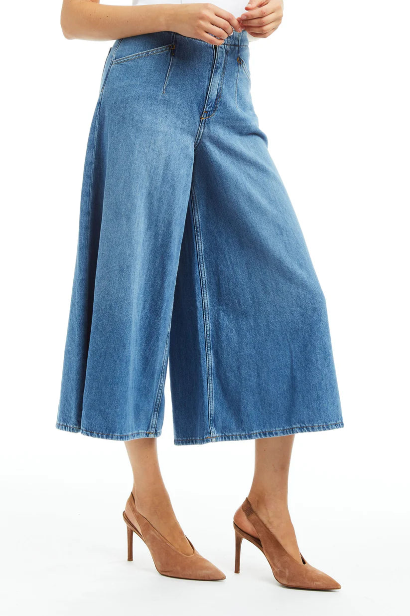 Denim Culotte with Back Buckle - Medium Wash by Tractr — view 3