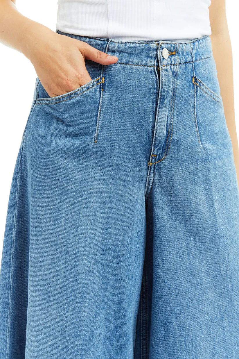 Denim Culotte with Back Buckle - Medium Wash by Tractr — view 5