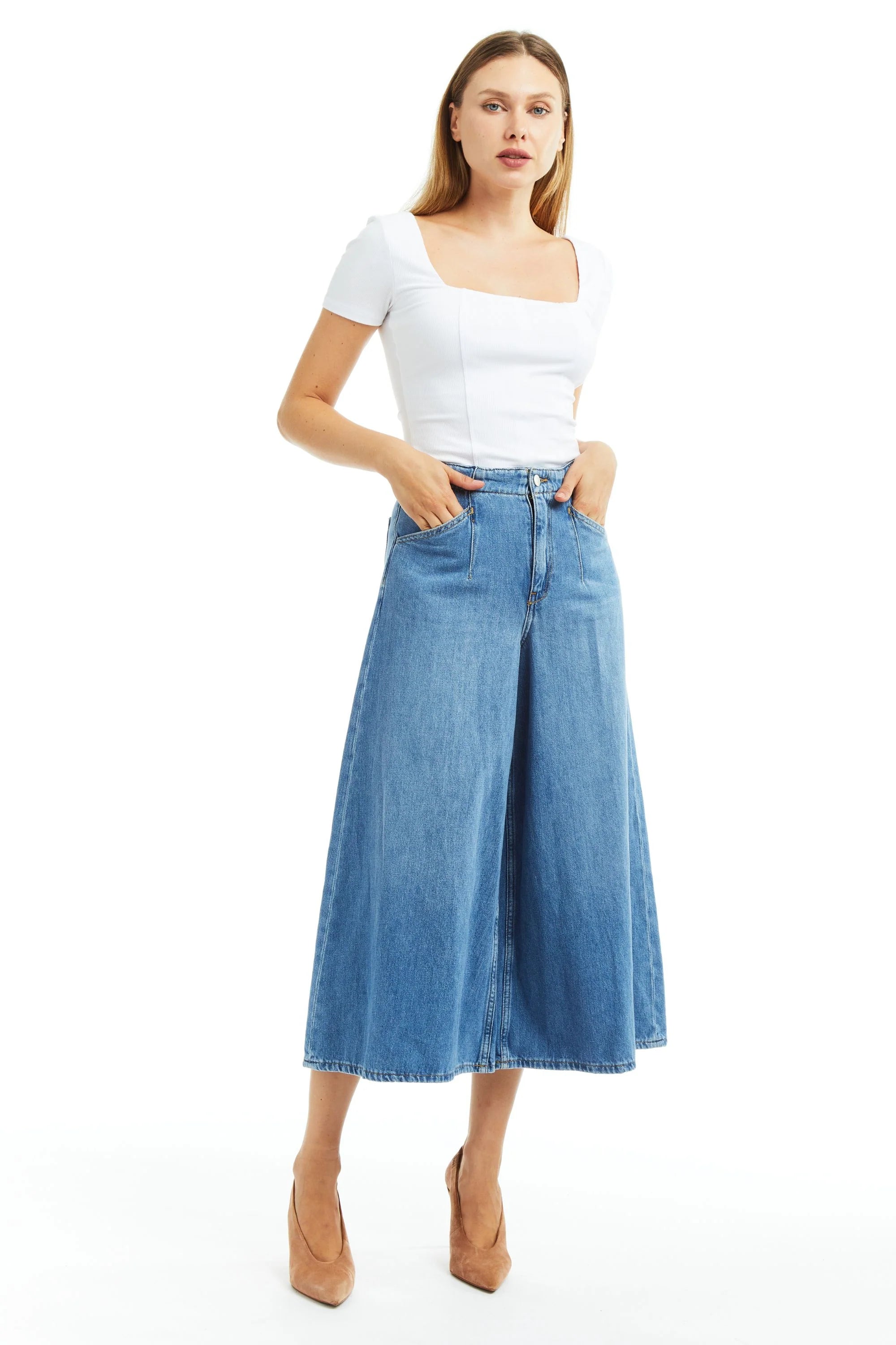 Denim Culotte with Back Buckle - Medium Wash by Tractr | 25 South Boutiques