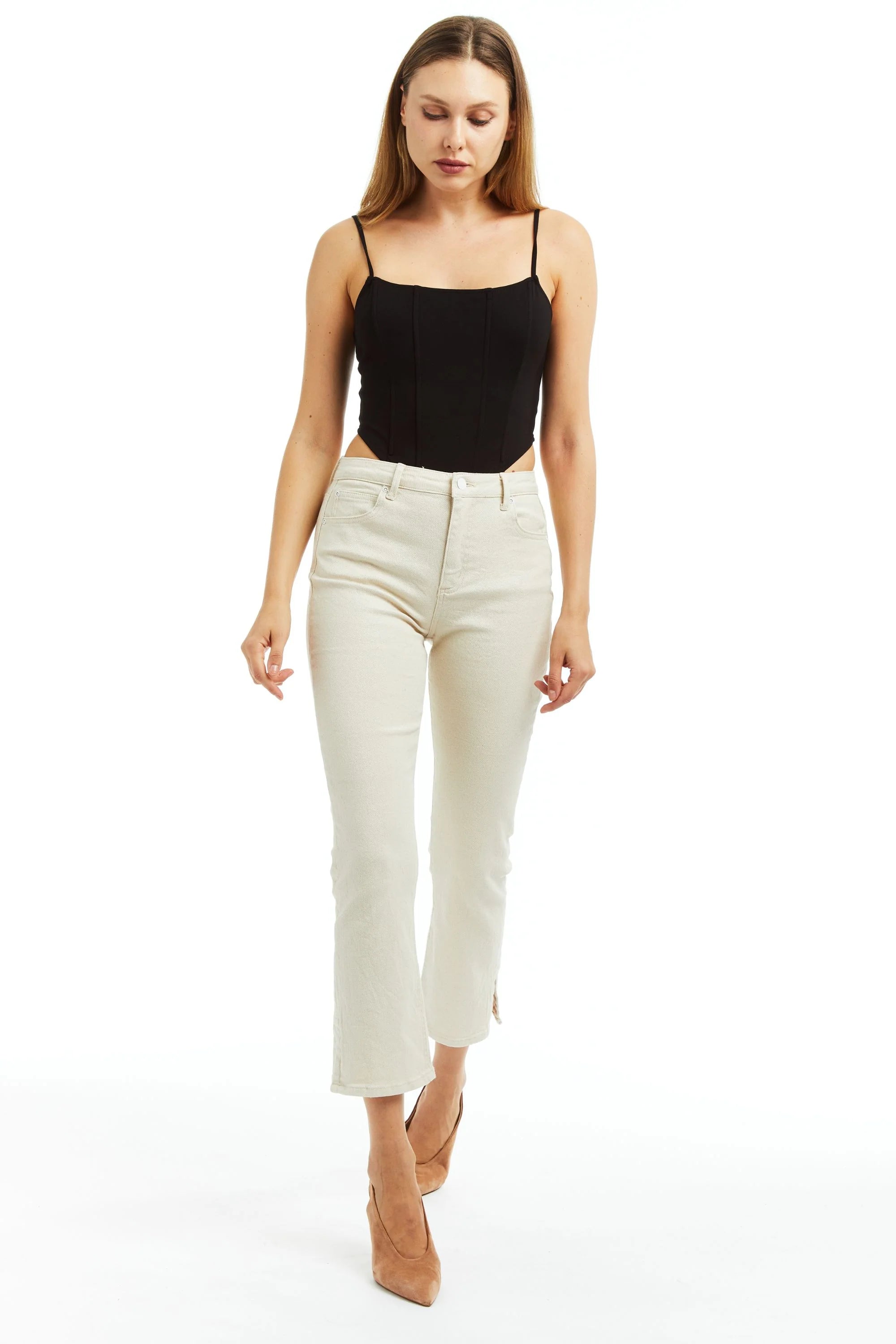 High Rise Crop Flare Side Slit - Cream by Tractr | 25 South Boutiques