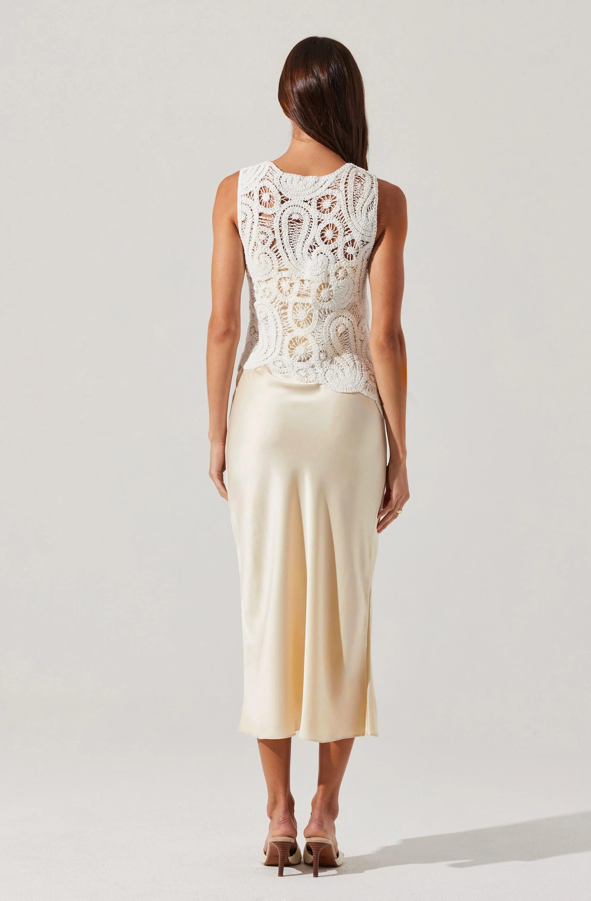 Martina Crochet-Layered Satin Dress - White Champagne by ASTR the Label — view 3